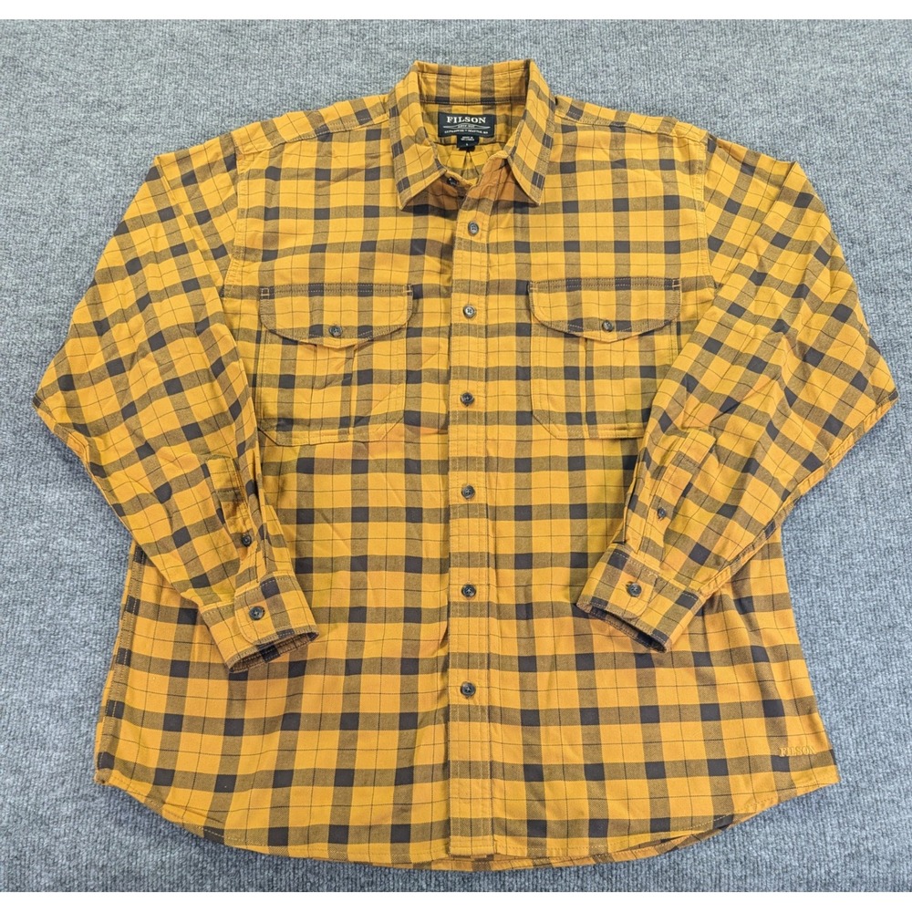 Filson Alaskan Guide Flannel Gold Brown Plaid Mens L 11010743 Cotton Button Up